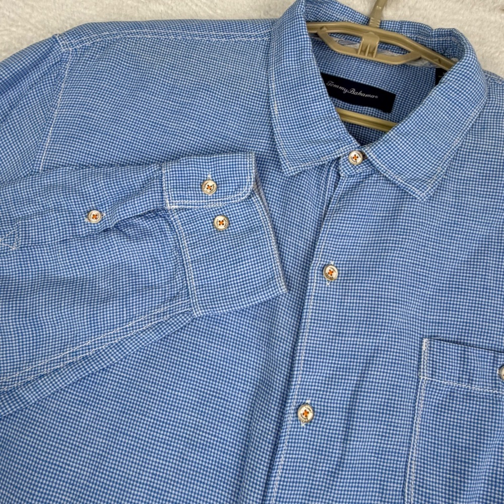 Tommy Bahama Button Down Shirt Mens XL (XL/TG) Blue Gingham Linen Tencel Blend